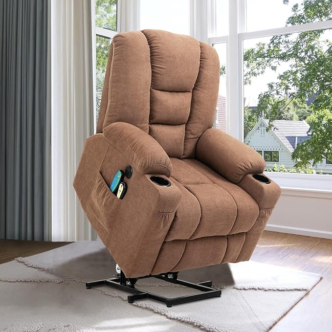 VIVIJASON Power Lift Chair Electric Recliner for Elderly Heated Vibration Massage Fabric Recliner Chair with 2 Remote Controls, Cup Holders, Side Pockets & USB Ports for Living Room (Coffee)-Ruum Studio Home