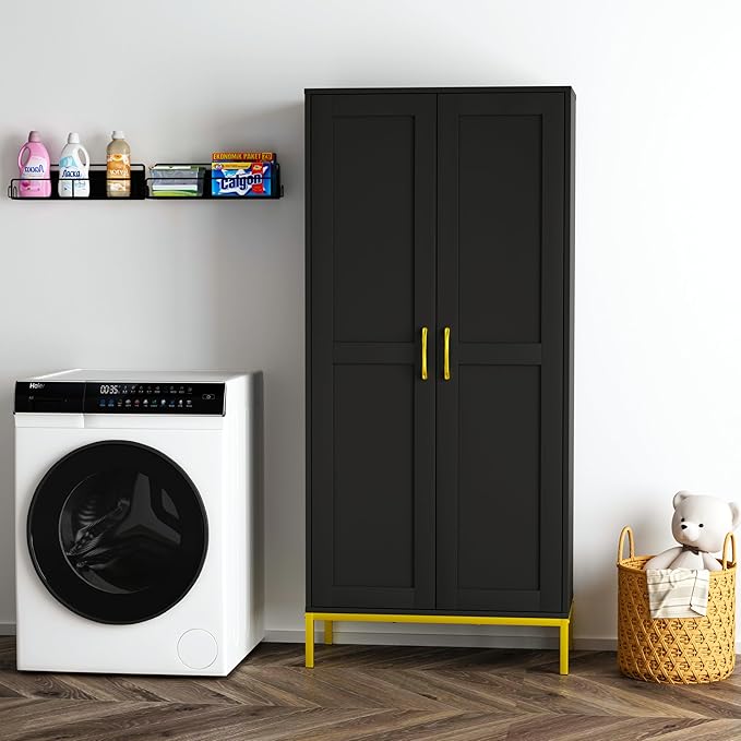 Tall Storage Cabinet, Kitchen Pantry Cabinet with 2 Doors & Adjustable Shelves for Laundry Room, Living Room, Entryway,Bathroom,Black-Ruum Studio Home