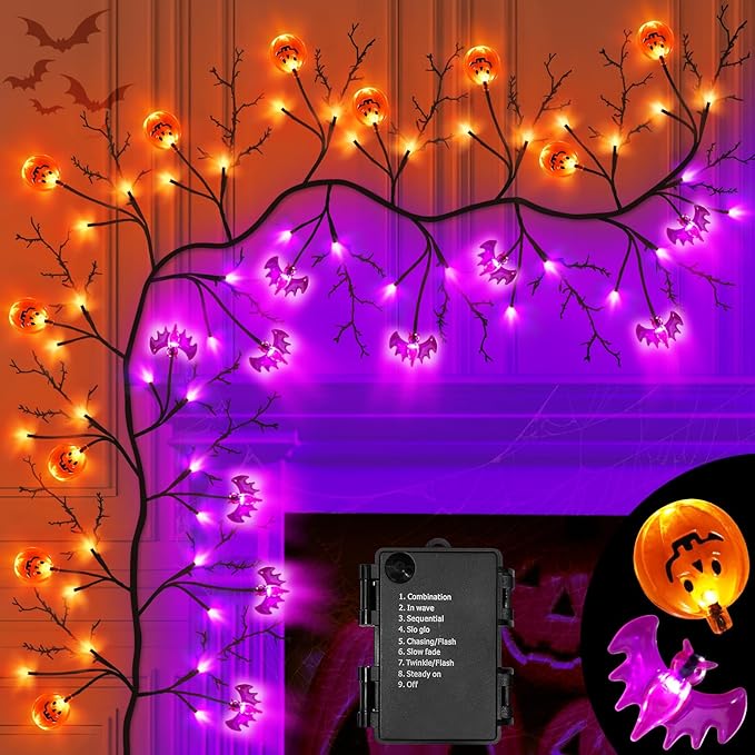 7 Ft 63 LED Halloween Willow Vine Twig Garland with 8 Modes Timer Orange Purple 21 Pumpkin Bats Lights,Halloween Garland with Waterproof Battery Operated for Indoor Wall Fireplace Decorations-Ruum Studio Home