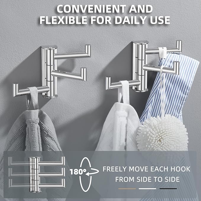 Angle Simple Swivel Towel Hooks for Bathroom, SUS 304 Stainless Steel Foldable 3 Arms Hand Towel Holder, Coat Wall Hooks, Polished Chrome, 2 Pack-Ruum Studio Home