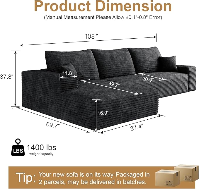 108" Sectional Couches for Living Room Modern Modular Sofa with L-Shape Couchs Upholstered Boneless Couch Deep Seat Sectional Couch with Chaise (Black, Left Facing Chaise+2Seaters)-Ruum Studio Home