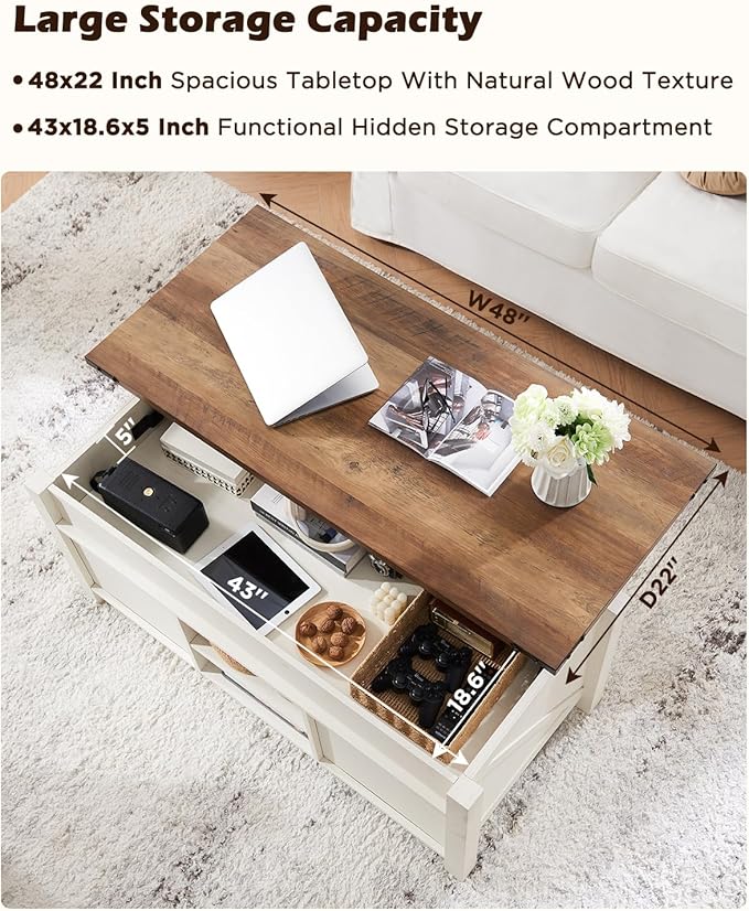OKD 48" Farmhouse Lift Top Coffee Table with Sliding Barn Door,Rustic Center Table with Hidden Storage Compartment,Lifting Tabletop and Adjustable Shelf for Living Room,Office,Antique White-Ruum Studio Home
