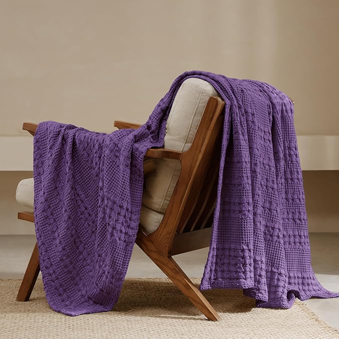 PHF 100% Cotton Waffle Weave Throw Blanket, Soft Lightweight Breathable Cozy Summer Throws for Couch Bed Sofa, Luxury Aesthetic Woven Blanket for Home Decor & Office, 50"x60", Grape-Ruum Studio Home