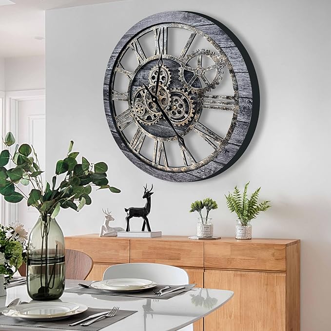 The B-Style Large Wall Clock 24 inch Moving Gear Wall Clock Oversized Vintage Farmhouse Wall Clocks for Living Room Decor Decorative Rustic Industrial Wood Clock (Carbon Gray)-Ruum Studio Home