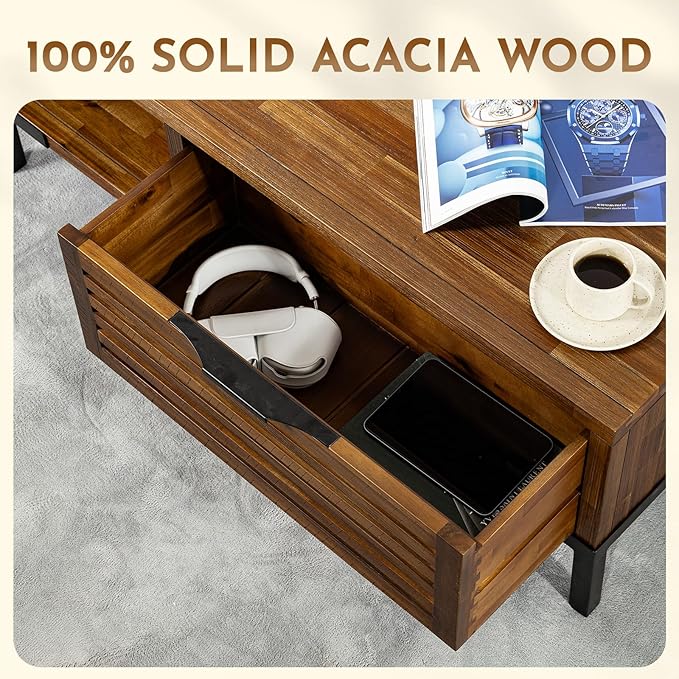 Bme Millie Coffee Tables for Living Room - Industrial Rustic - Two Drawers - Open Shelf - Rustic Scuffed Texture - Convenient Metal Handle and Sturdy Legs with Levelers - Easy Assembly - Chestnut-Ruum Studio Home