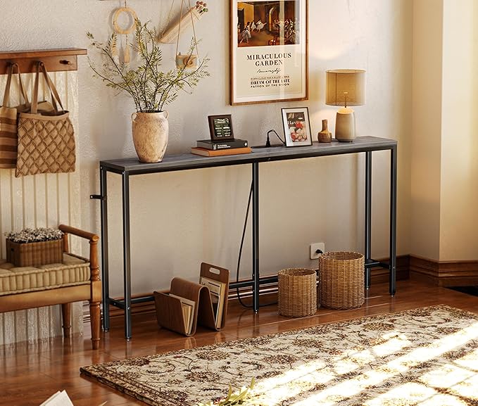 SUPERJARE Console Table with Outlet, 63 Inch Sofa Table with Charging Station, Narrow Hallway Entryway Table, Behind Couch Table Skinny for Entryway, Living Room, Plants, Charcoal Gray-Ruum Studio Home