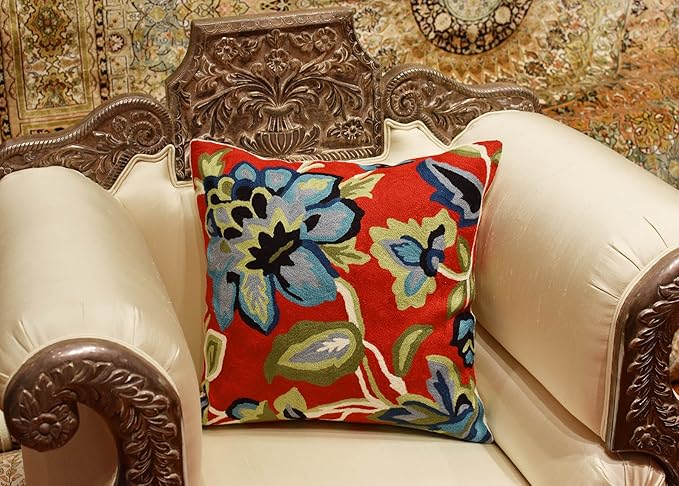 Red Floral Pillow Cover Hand Embroidered Flower Throw Pillowcase Floral Outdoor Cushion Suzani Cushions Modern Flowery Chair Hand Embroidered Wool Size 18x18-Ruum Studio Home