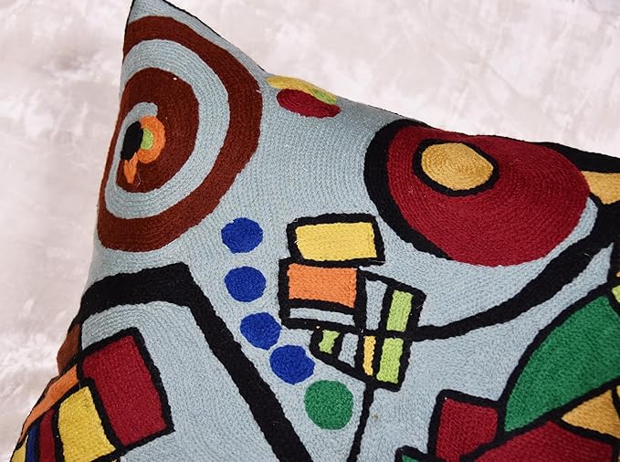 Kandinsky Decorative Pillow Cover Coastal Hand Embroidered Abstract Toss Pillows Farmhouse Chair Cushion Contemporary Pillowsham Mid-Century Chair Cushions Wool Size 18x18-Ruum Studio Home