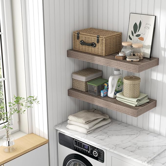 12 Inch Deep Floating Shelves for Wall | 30 Inch Floating Shelves Set of 2 | Rustic Grey Wood Shelves for Living Room Bathroom Laundry Room Bedroom Kitchen Home Office - Rustic Grey-Ruum Studio Home