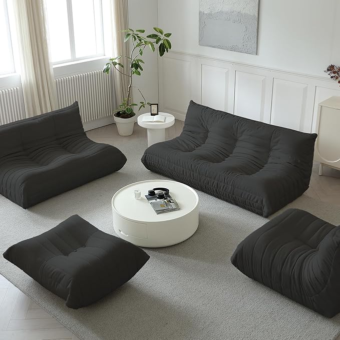 Luxury Ottomans, Modern Square Foot Rest for Sofa Couch Chair, Lazy Floor Seating, Fireside Bean Bag Chair, Tatami Sofa Lounger for Living Room, Bedroom, Office, Black-Ruum Studio Home