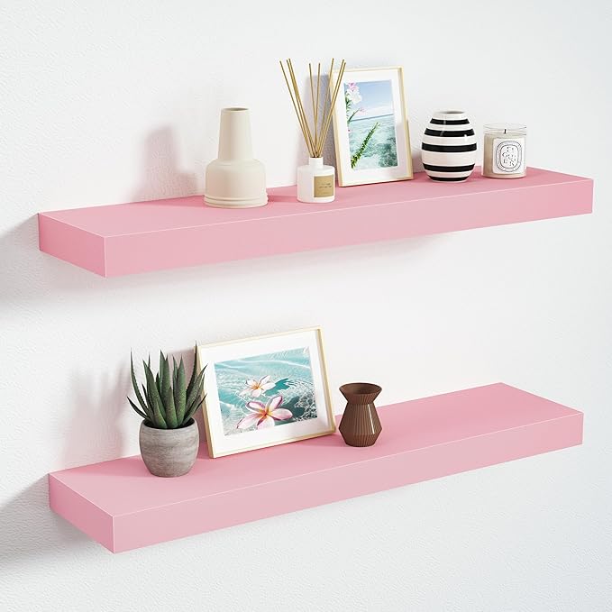 BAMEOS Pink Floating Shelves for Wall, 24" x 6" Wall Shelves for Room, Floating Book Shelves, Hanging Shelves for Bedroom, Bedroom, Living Room, Kitchen (Set of 2)-Ruum Studio Home