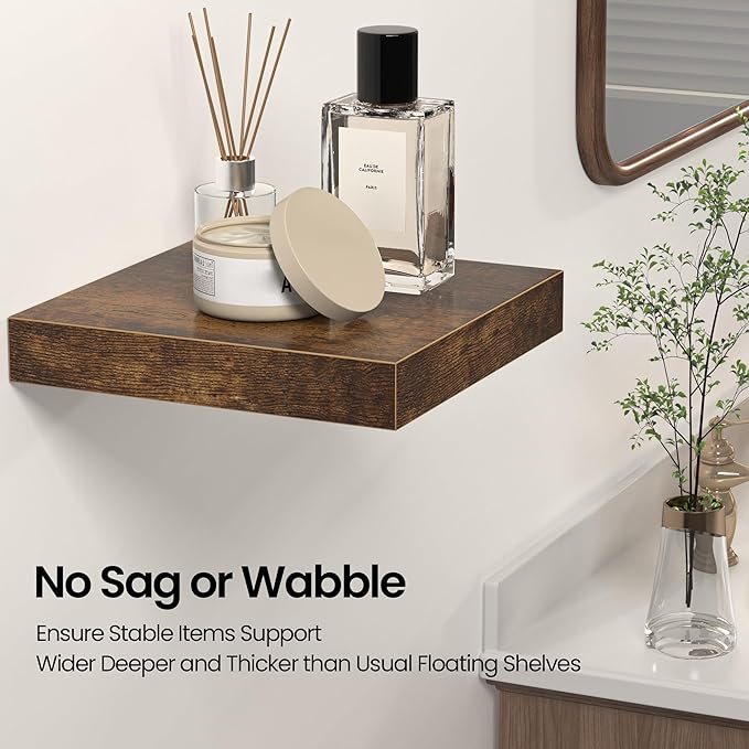 Square Floating Shelves for Wall, 10"W x 10"D x 1.2"H, Small Wooden Wall Mounted Display Shelf with Invisible Brackets for Living Room, Bedroom, Bathroom, Kitchen Decor, Set of 4, Rustic Brown-Ruum Studio Home