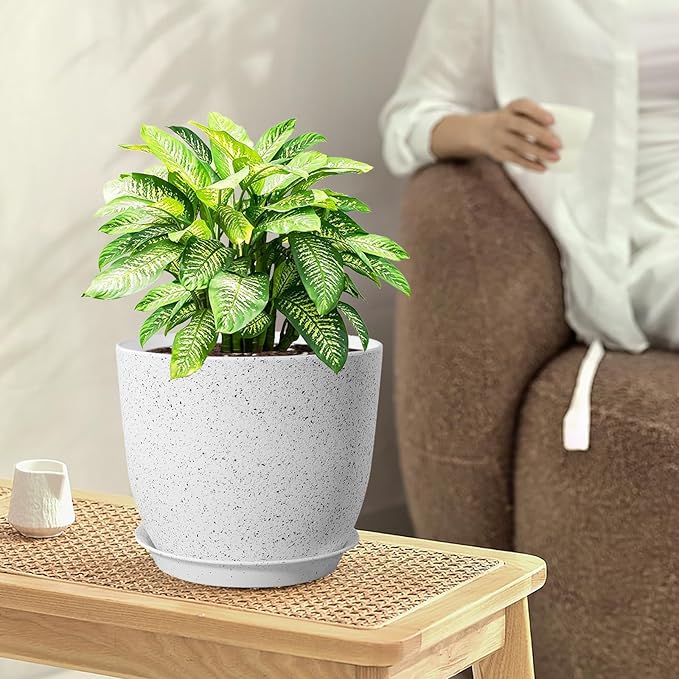 10/9/8 inch Medium Plant Pots, Set of 3 Modern Decorative Plastic Planters with Drainage Holes and Saucers for Garden House Plants, Flower Pots for Indoor Outdoor Plants, Speckled White-Ruum Studio Home