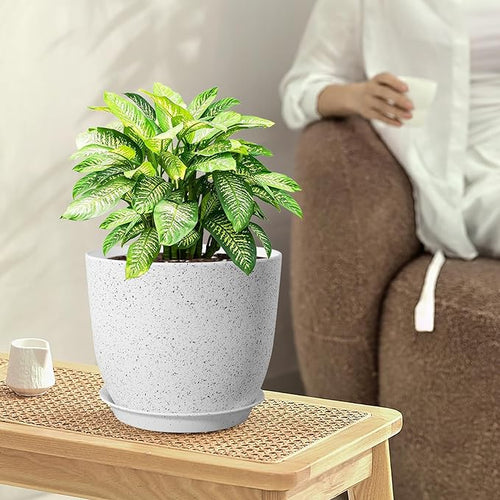 10/9/8 inch Medium Plant Pots, Set of 3 Modern Decorative Plastic Planters with Drainage Holes and Saucers for Garden House Plants, Flower Pots for Indoor Outdoor Plants, Speckled White-Ruum Studio Home