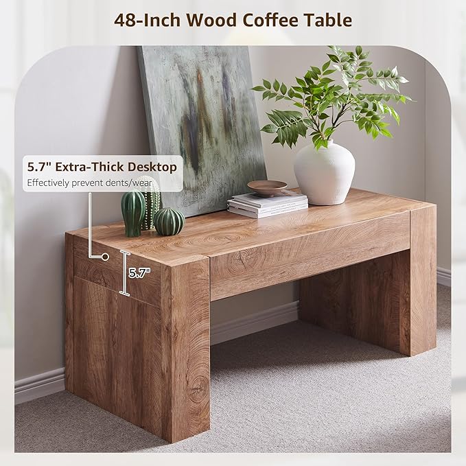 OKD 48" Modern Farmhouse Coffee Table, Wooden Living Room Table with Hidden Storage Drawer, Rustic Rectangular Center Tables w/Wood Thick Design for Living Room, Office, Light Knotty Wood-Ruum Studio Home
