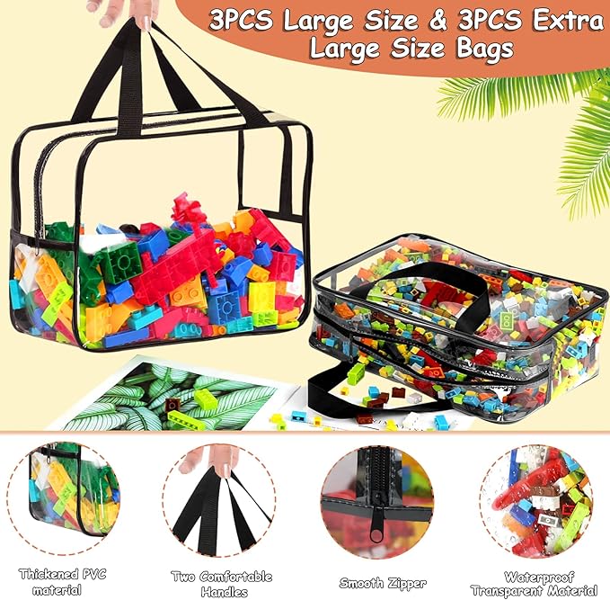 6 Packs Large Toy Storage Bags with Labels, Reusable Clear PVC Board Game Storage, Travel Waterproof Organizer Bags with Zipper for Building Blocks, Puzzle, Kids Books(3 large & 3 Extra Large)-Ruum Studio Home
