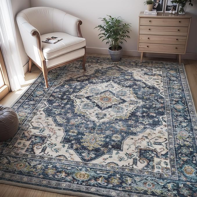 AMOAMI-4X6 Area Rugs for Living Room -Soft Vintage Bedroom Rugs-Non Slip Washable Rug-Throw for Living Room Bedroom Bedside Dining Room Office Blue-Ruum Studio Home