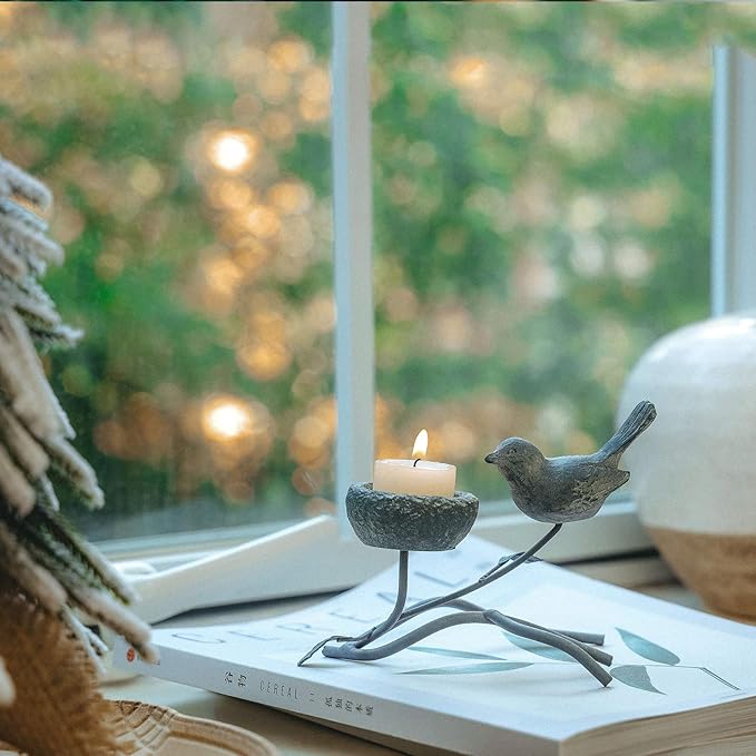 Marbrasse Votive Candle Holders, Vintage Home Decor Centerpiece, Iron Branches, Resin Bird and Nest, Tabletop Decorative TeaLight Candle Stands,Creative Artwork (Grey Black)-Ruum Studio Home