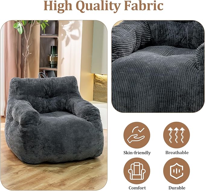 Giant Bean Bag Chair, Faux Fur Large Bean Bag Chair for Adults, Fluffy and Comfy Giant Bean Bag Chair with Filler, Big Bean Bag Sofa Chair for Reading, Gaming, Grey-Ruum Studio Home
