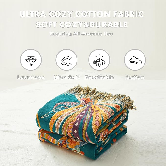 MSGKV Boho Throw Blanket for Couch Bed Chair 100% Cotton Muslin Breathable Embroidery Blanket 50"x60" Sofa Blankets for All Seasons Lightweight Farmhouse Blankets Boho Home Decor-Ruum Studio Home