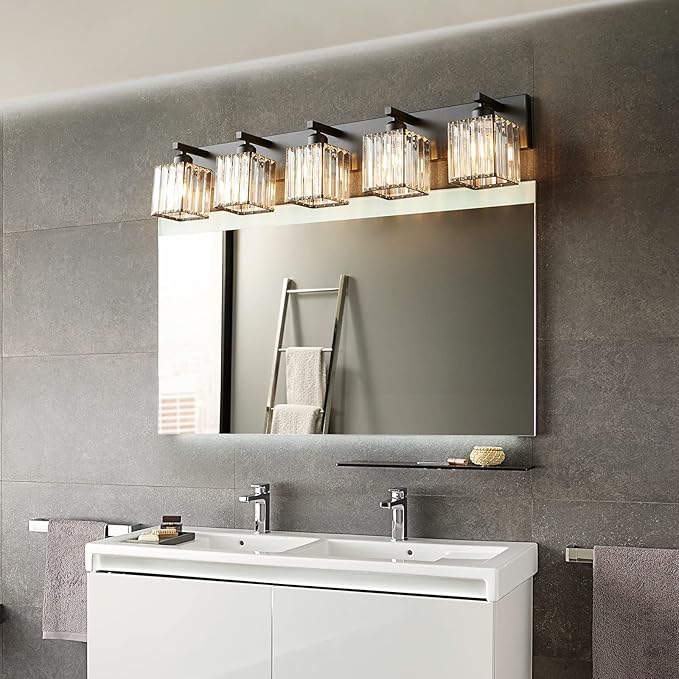 Modern Black Crystal Bathroom Vanity Light - 5-Lights Wall Light Fixtures-Ruum Studio Home