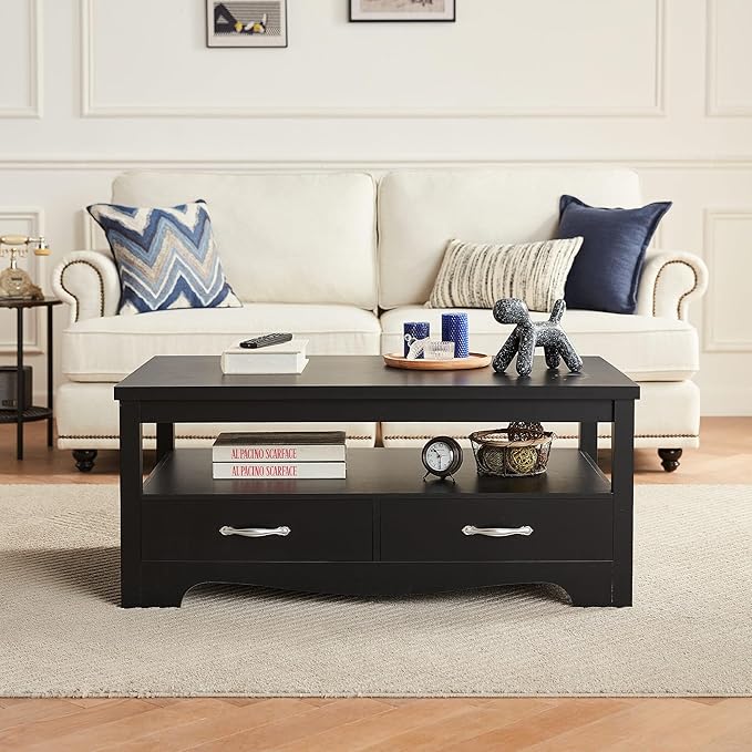 LINSY HOME Farmhouse Coffee Table with Storage, Wood Coffee Table for Living Room, Open Display Area and Storage Drawers with Metal Handles, Chic Style with Curved Base, Black-Ruum Studio Home