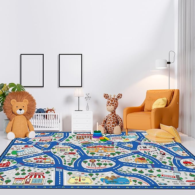 Kids Carpet Playmat Rug Player Car Rug,City Life Traffic Road Map Mat Educational Game Area Rug for Toddler Children Playroom Classroom Bedroom (Blue,6 x 9 ft)-Ruum Studio Home