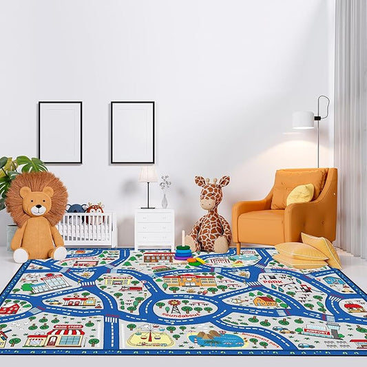 Kids Carpet Playmat Rug Player Car Rug,City Life Traffic Road Map Mat Educational Game Area Rug for Toddler Children Playroom Classroom Bedroom (Blue,6 x 9 ft)-Ruum Studio Home