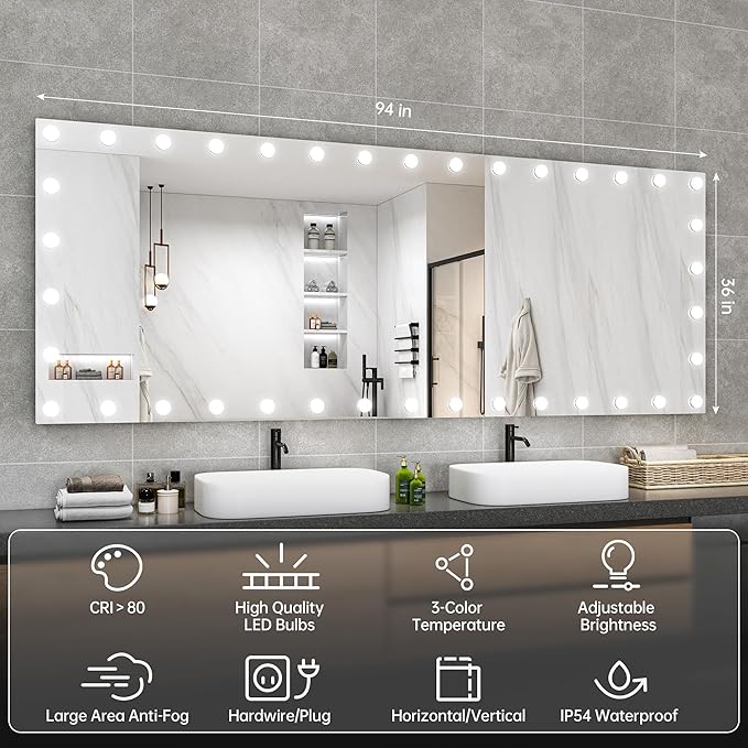 Hasipu LED Bathroom Mirror with Lights, 94" x 36" Hollywood Wall-Mounted Bathroom Mirror with 38 Dimmable Bulbs, 3 Colors Modes, Touch Control, Anti-Fog, Memory Function, Shatter-Proof, ETL Listed-Ruum Studio Home