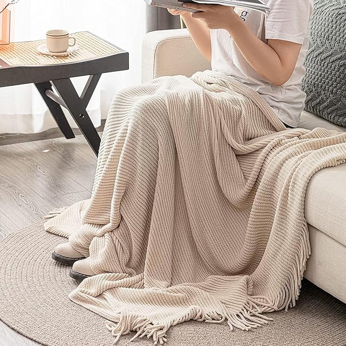 lifein Throw Blanket for Couch, Soft Boho Decor Bed Throw,Cozy White Chenille Knitted Small Farmhouse Lightweight Throw for Spring(White/Cream,60 * 80")-Ruum Studio Home