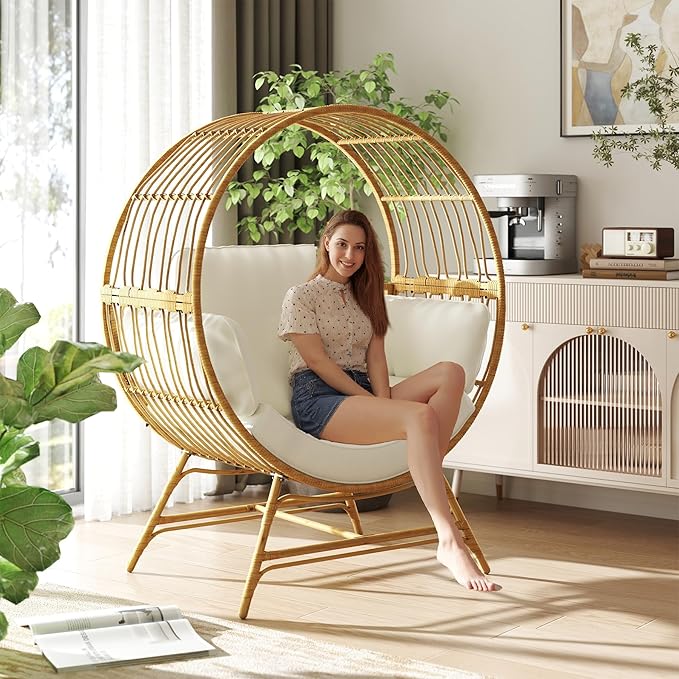 Egg Chair Outdoor Indoor, Oversized Rattan Chair with Thicken Cushion, 350LBS Capacity Wicker Patio Lounge Chair, Basket Chair for Living Room Balcony Porch Backyard, Beige-Ruum Studio Home