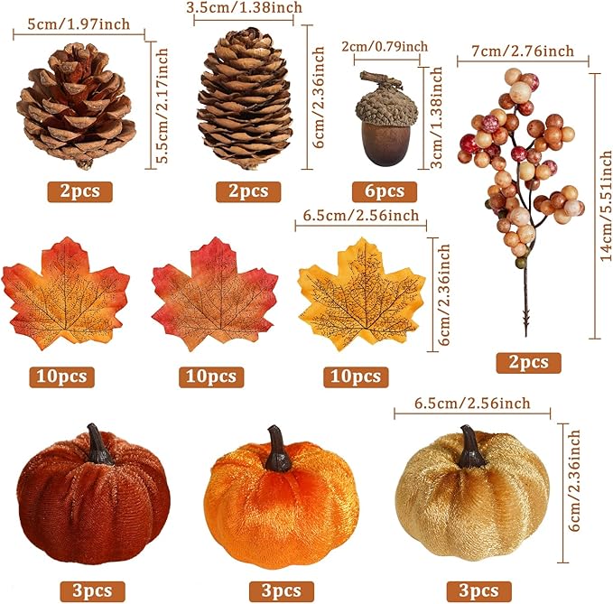 Artmag 51 PCS Artificial Fabric Pumpkins, Fall Harvest Decorations with Acorns, Pinecones, Berries, Maple Leaves for Fall Thansgiving Halloween Decoration-Ruum Studio Home