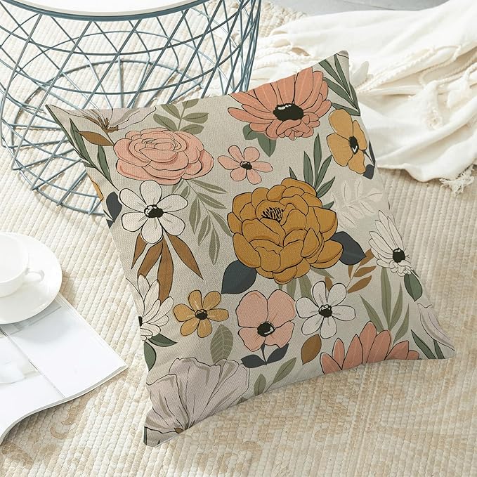 CXMEIFLY Spring Floral Pillow Covers 16 x 16 Inch Set of 2 for Vintage Mustard Yellow Pink Flowers Decor Throw Pillows Plant Cream Outdoor Decorative Cushion Cases for Couch Bed Decorations-Ruum Studio Home