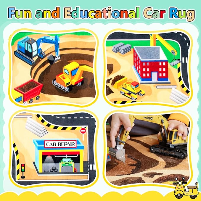 Kids 5x7 Ft Construction Site Play Rug, Baby Play Mat, Tufted Wool & Rubber, Non-Slip, Stain & Fade Resistant, Machine Washable, Rustic Cartoon Construction Site Pattern-Ruum Studio Home