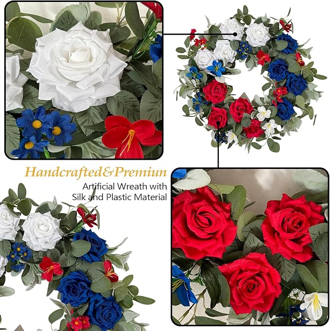WANNA-CUL Patriotic Wreath Decorations, 24 Inch Rose 4th of July Wreaths for Front Door, Red White Blue Spring Door Wreath for Independence Day, Memorial Day for Indoor Outdoor Decor-Ruum Studio Home