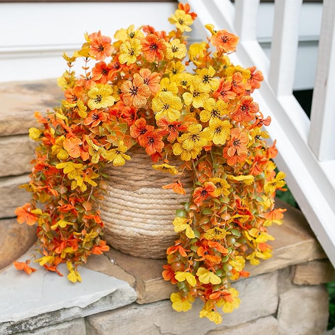 INSPRING Artificial Fall Flowers for Outdoors Decoration, 2Pcs Fake Fall Light Orange & Yellow Hanging Flowers, Faux Autumn Decor for Porch Patio Balcony Planter, Realistic Arrangement-Ruum Studio Home