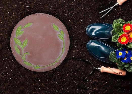 NAT & Jules Floral Laurel Wreath Leaves Pattern Dimensional Indoor Outdoor 12 inch Round Cast Resin Decorative Garden Stepping Stone, Patio, Walkway Sculpture Yard Art, Green-Ruum Studio Home