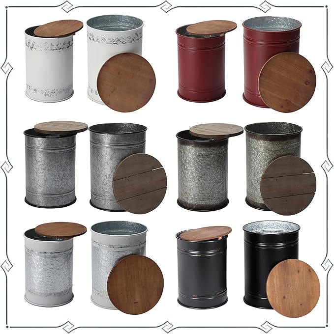 Rustic Storage Ottoman Seat Stool, Farmhouse Accent Side Table, Antique Galvanized Metal End Table Box Bin with Round Wooden Lid Set of 2 (Black)-Ruum Studio Home