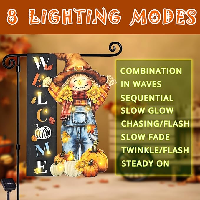 Thanksgiving Lighted Garden Flag, Solar Fall Outdoor Decor Yard Flag,8 Modes Led Scarecrow Flag,28x40 Double Sided Maple Leaf Pumpkin Bird Decorations for Home Porch-Ruum Studio Home