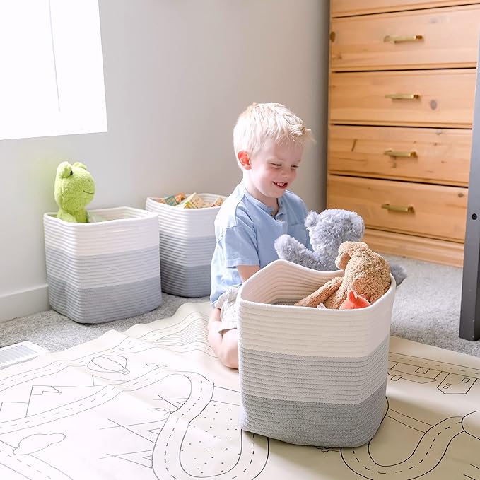 NaturalCozy 13 Inch Cube Storage Bins Cotton Rope Woven Baskets for Organizing 3-Pack | 13 x 13 Storage Cubes | Fabric Square Storage Baskets for Shelves Organizer, Kids Toy Bins, Closet Baby Nursery-Ruum Studio Home