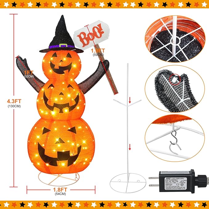 Halloween Decoration 4.3FT Retractable Jack-O-Lantern, 100 LED Collapsible Pumpkin Lantern with Black Star Hat, Plug in Halloween Lights with Stand for Indoor Outdoor Lawn Backyard Garden Decor-Ruum Studio Home
