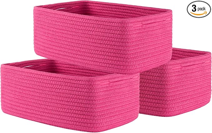 KALLAX Small Woven Basket, 13.5 x 9.5 x 5 Inches, Storage Basket for Organizing, Cute Small Rope Shelf Closet Cube Storage Bins Baskets for Shelves, Dog Toy Gift Baskets Empty, 3 Packs, Hot Pink-Ruum Studio Home