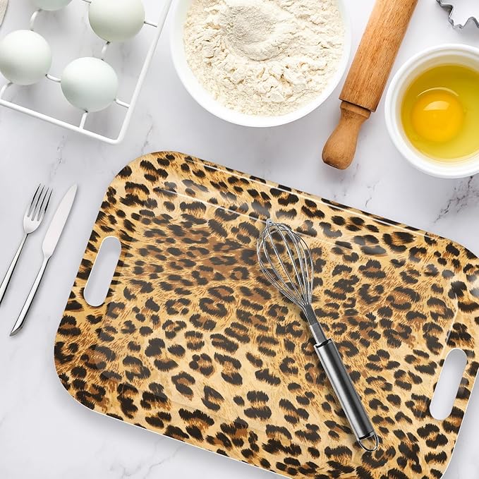 Serving Trays with Handles, 14.5 x 9.8 inch Rectangular Plastic Tray for Restaurant, Kitchen, Brown Leopard-Ruum Studio Home