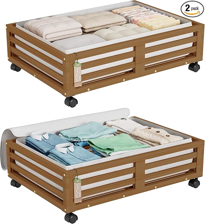 Bamboo Under Bed Storage Containers- Underbed Organizer with Wheels with Large Dust Bag,Sturdy Wood Rolling Under the Bed Shoe Storage Organizer Drawer 2 Packs (Walnut, Small)-Ruum Studio Home