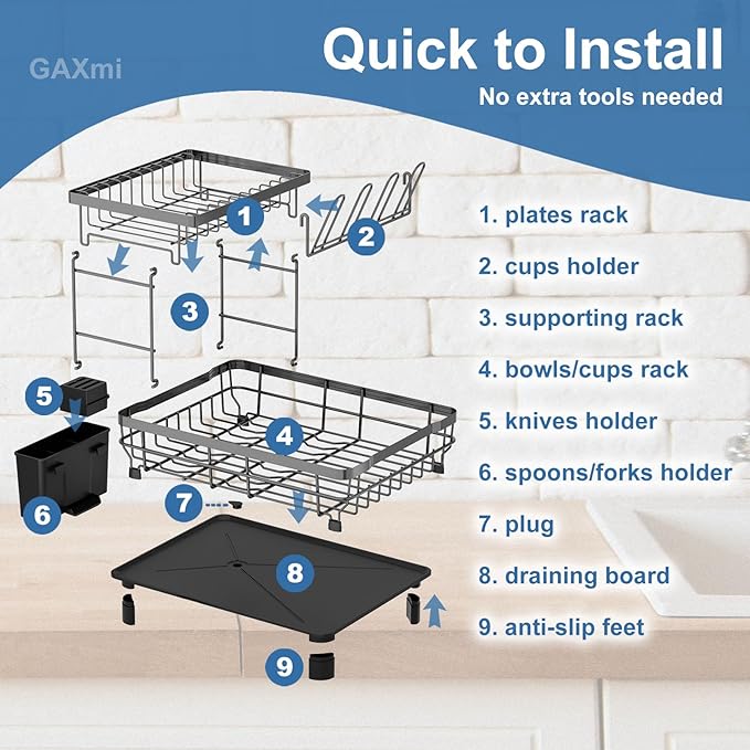 GAXmi Dish Drying Rack Over The Sink Dish Drainer with Drainboard Utensil Holder Cup Holder, 2-Tier Grey-Ruum Studio Home