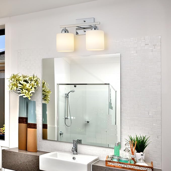 Stainless Steel Milk Glass Vanity Lights for Bathroom, 2 Light Chrome Bathroom Light Fixtures Over Mirror, Ceramic E26 Sockets Wall Mounted-Ruum Studio Home