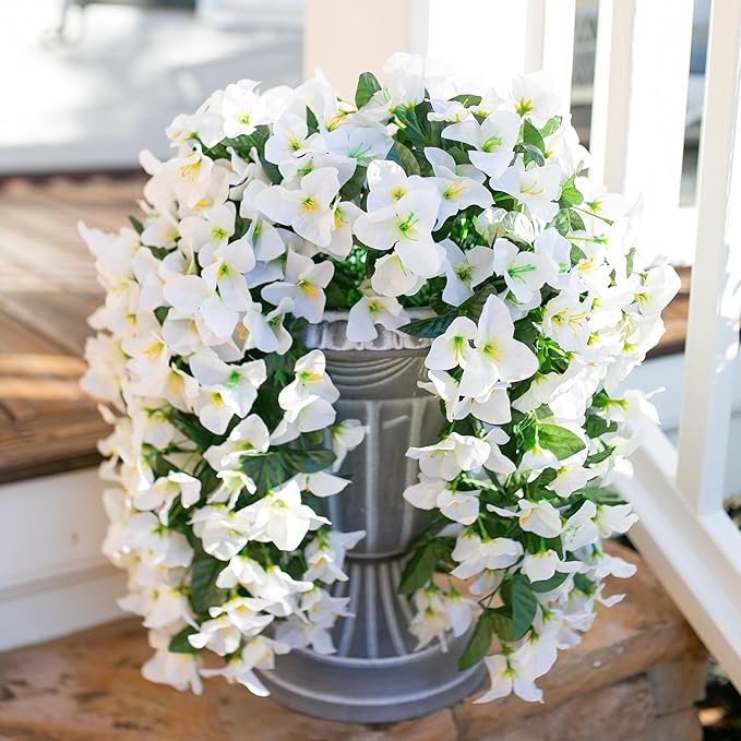 Faux Bougainvillea Artificial Flowers Plants for Outdoors Outside Decoration, 2 PCS White Fake Flowers UV Resistant Look Real Silk Long Trailing Vines for Front Door Porch Planter Patio Garden Yard-Ruum Studio Home