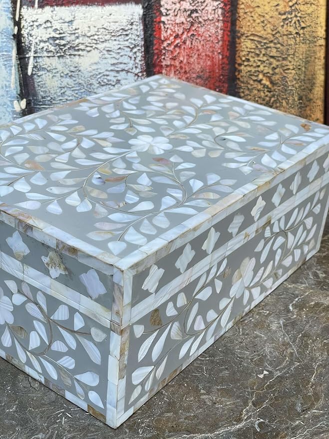 Decorative Wooden Storage Box with Mother of Pearl Inlay – Elegant Floral Design – Perfect for Home Décor in Living Room, Dining Area, or Bedroom (Grey, 9x6x3.5 inch)-Ruum Studio Home