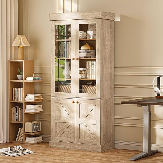 Vyre 71" Tall Farmhouse Bookshelves with Glass Doors, Set of 2 – Large Modular Bookcase with Adjustable Shelves, Storage Cabinet for Living Room, Kitchen, Home Office, Brown-Ruum Studio Home