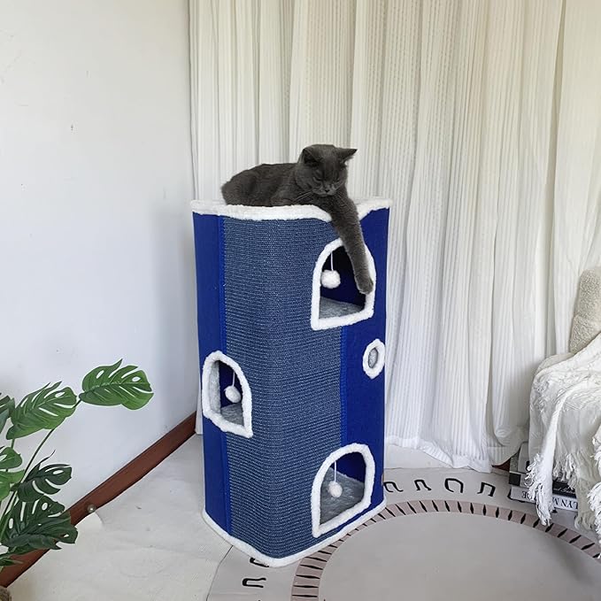 4-Level Cat House for Indoor Cats,Covered Cat Beds and Furniture with Scratch Pad,Hideaway Cave &Cushions,Modern Cat Tower Condo for Multi Small Pet and Large Cats Navy Blue-Ruum Studio Home